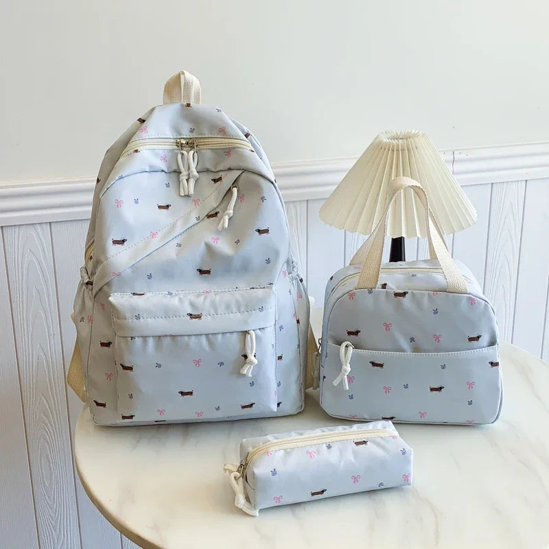Chic Puppy Print Backpack Set 3pcs Handbag Pen Pouch Stitching Detail Multi Pocket Adjustable Straps