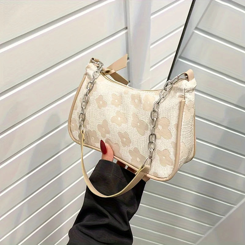 Floral Jacquard Underarm Bag – Silver Chain Shoulder Purse