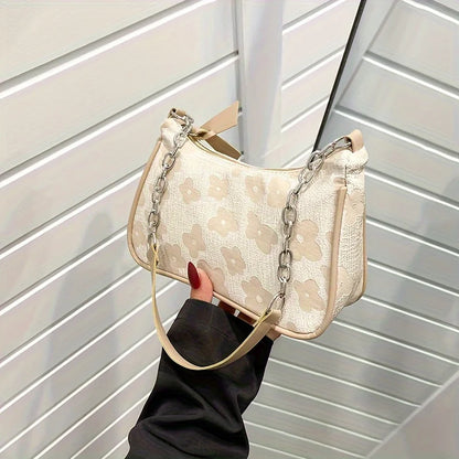 Floral Jacquard Underarm Bag – Silver Chain Shoulder Purse
