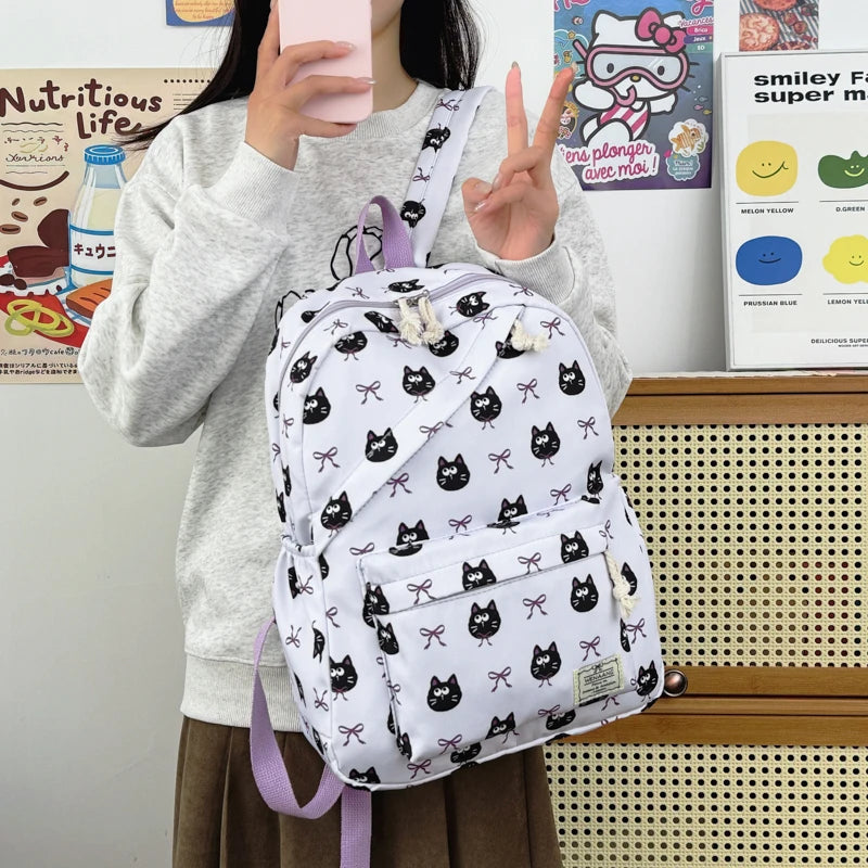 Sweet Bow Cartoon Animal Pattern Girl Backpack Nylon Large Capacity Diagonal Zipper Student Double