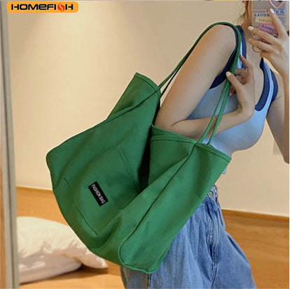 Homefish Canvas Bag Reusable Shopping Shoulder Women Simple Casual Daily Use Handbag Totes Female