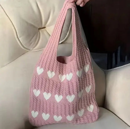 Knitted Heart Tote Bag – Women's Handmade Shoulder Bag