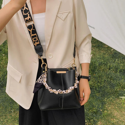 Women Bucket Bag Solid Color Pu Silk Scarf Chain Handbag Large Capacity Adjustable Strap Crossbody