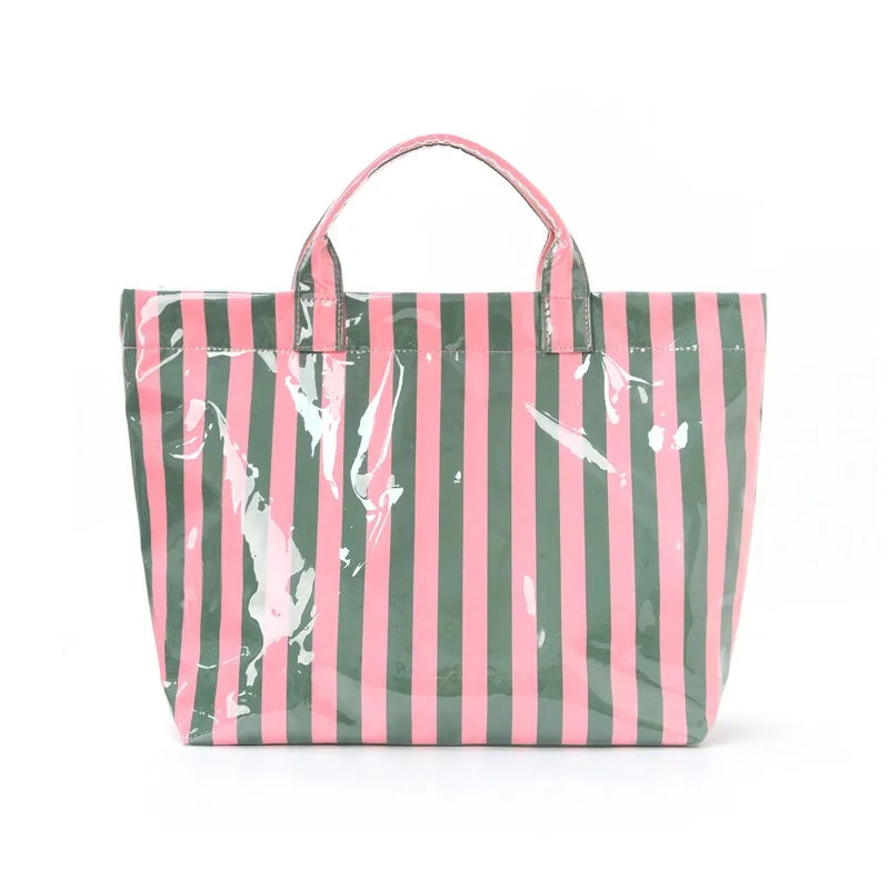Waterproof Striped Tote Bag – Large Capacity PVC Beach Handbag for Women