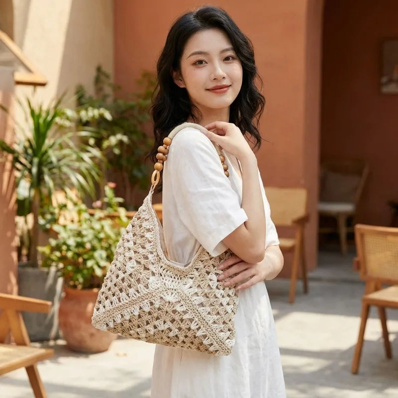 Summer Beach Casual Handbag Shoulder Bag Women Striped Straw Tote Bags Leather Handles