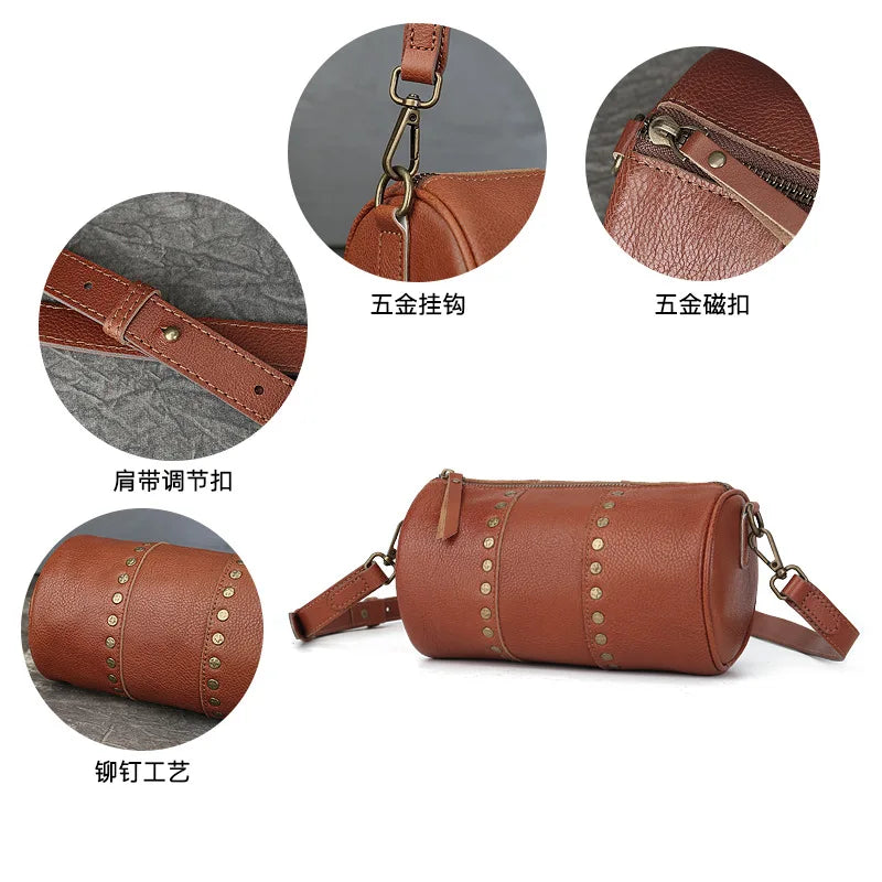 Genuine Rivet Cylinder Bag Vintage Vegetated Tanned Head Layer Cofskin One Shoulder Diagonal Span