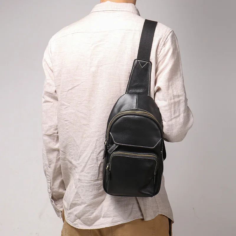 Men S Genuine Leather Chest Bag Casual Sports Crossbody Single-Shoulder Backpack Large-Capacity