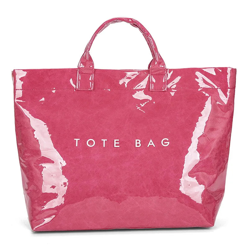 Waterproof Glossy Tote Bag with Letter Print & Double Handles