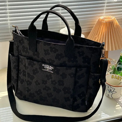 Floral Print Canvas Tote Bag Multi Pocket Design Detachable Wide