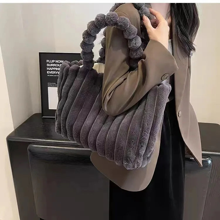 Plush Tote Bag Lightweight Large Capacity Shoulder Tote Bag Women S Solid Color Versatile Commuter