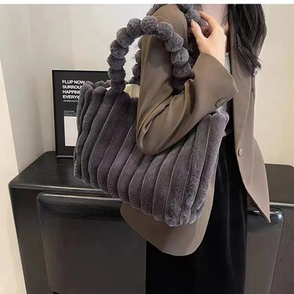 Plush Tote Bag Lightweight Large Capacity Shoulder Tote Bag Women S Solid Color Versatile Commuter