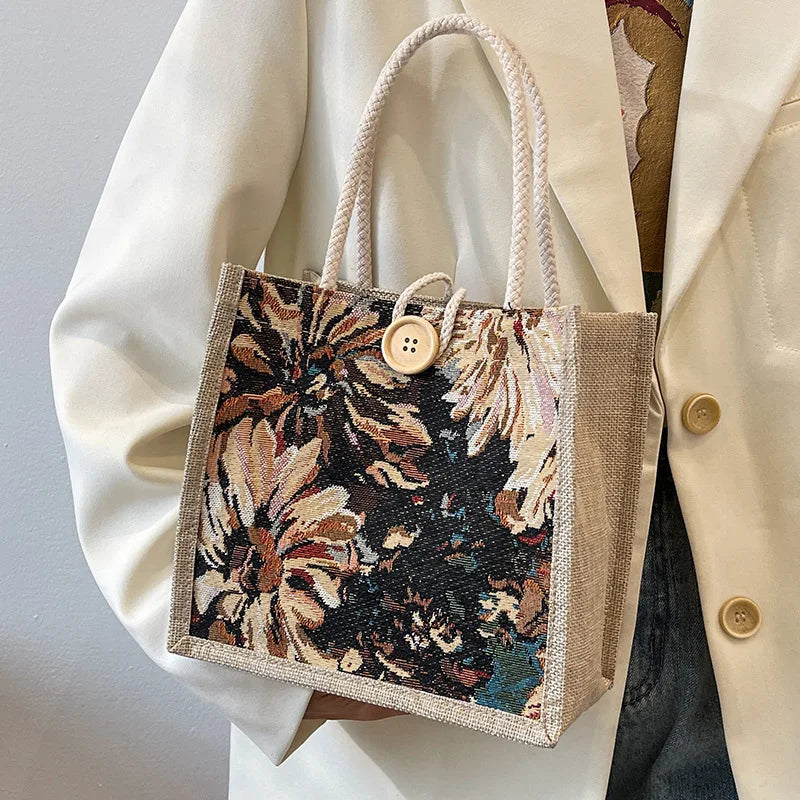 Linen Beach Tote Bag with Floral Print & Button Closure