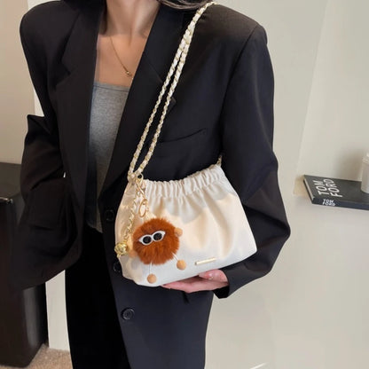 Ruched Woman Crossbody Bags Cute Fluffy Monster Bag Charm Two Tone Metal Chain Strap Faux Leather