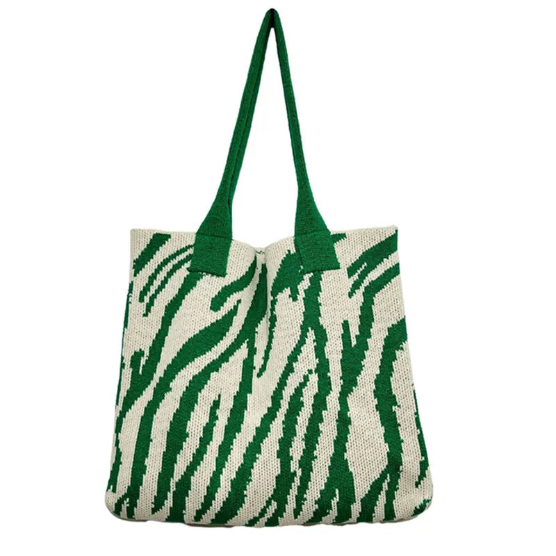 Striped Knitting Bag Commuter Large Capacity Tote Bags Woven Handbag Shoulder Bag Women Daily Use