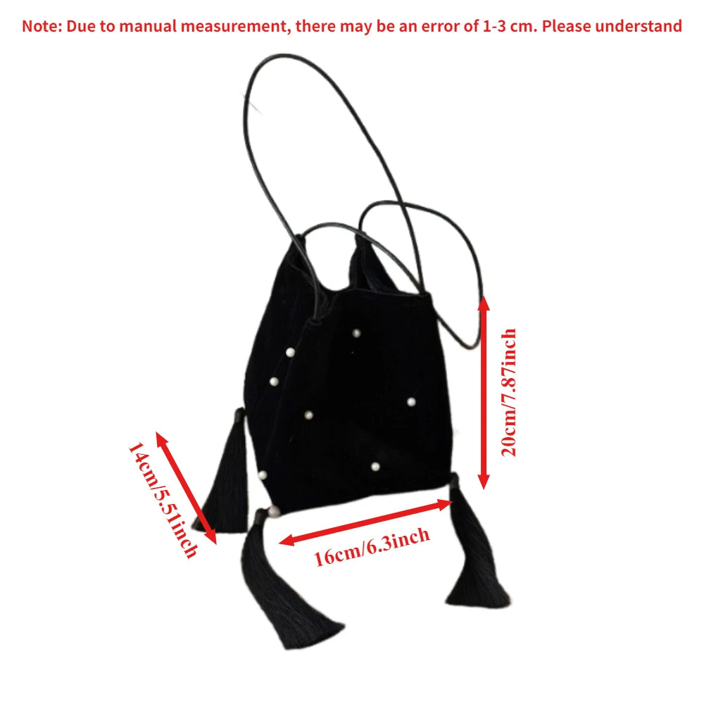 Black Velvet Shoulder Bags Women Vintage Tassel Creativity Pearl Stylish Bucket Tote Bag Elegant