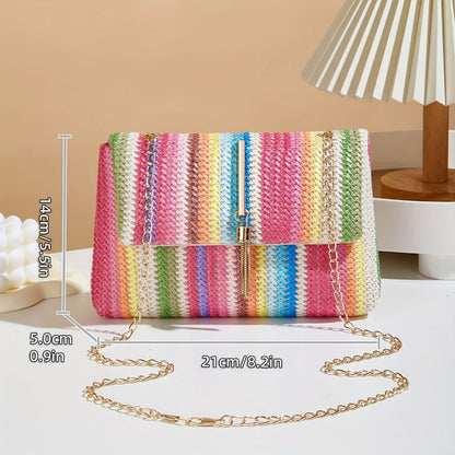 Rainbow Stripe Straw Crossbody Bag – Chain Strap & Tassel