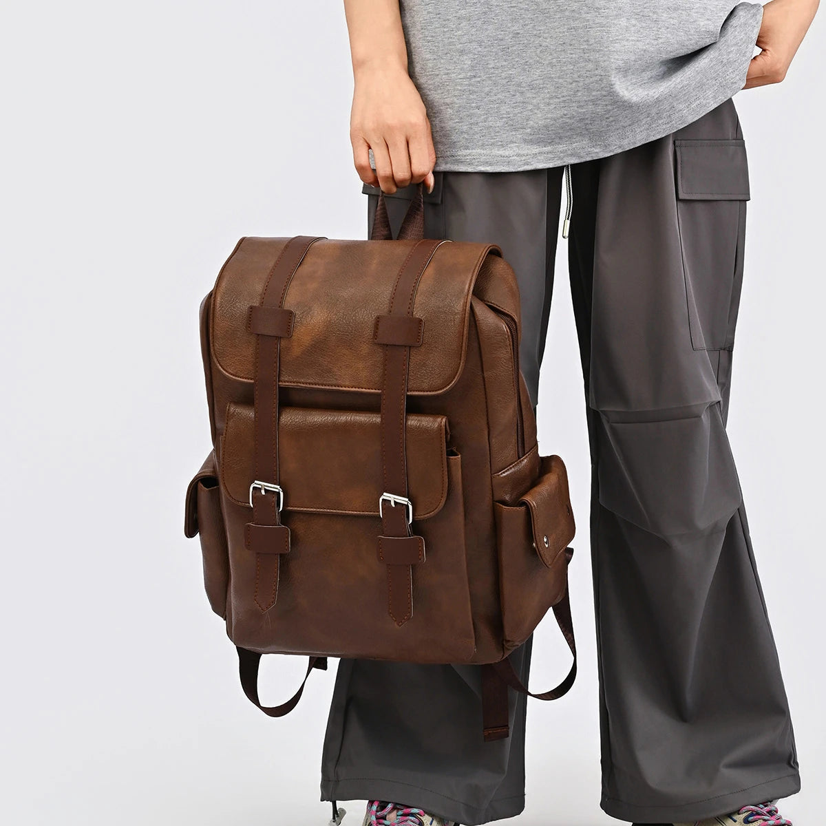 Retro Crazy Horse Leather Flip Cover Student School Bags Large Capacity Business Computer Backpack