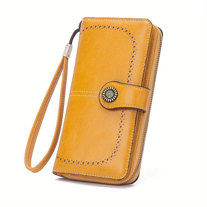 RFID Blocking Vintage Leather Wallet – Large Wristlet Clutch for Women