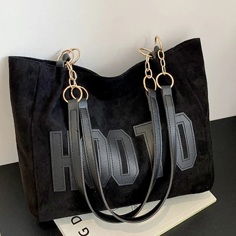 Letter Patch Suede Tote Bag – Vintage Women's Shoulder Handbag with Zipper