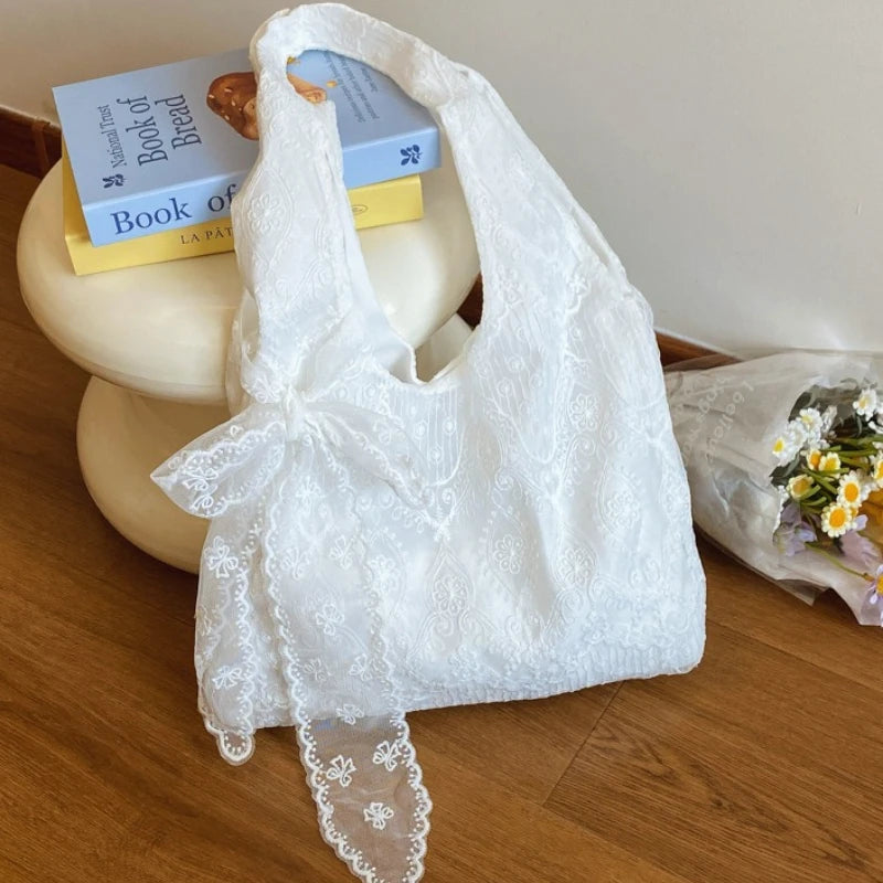 Floral Lace Tote Bag for Women – Soft White Shoulder Bag with Bow