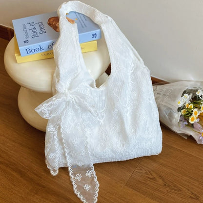 Floral Lace Tote Bag for Women – Soft White Shoulder Bag with Bow