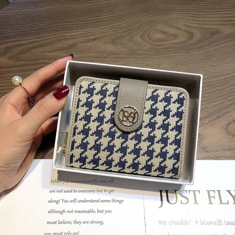Purse Women Short Leather Niche Design Thousand Bird Lattice Lady Folding Organ Card Documents Clip