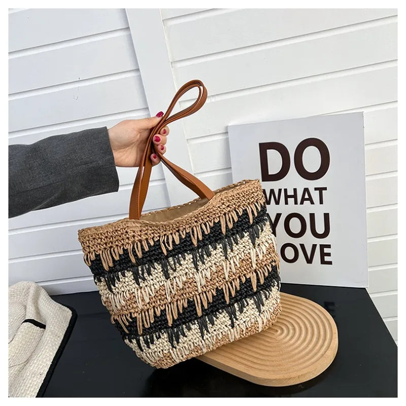 Straw Patchwork Zipper Large Capacity Casual Tote Spring