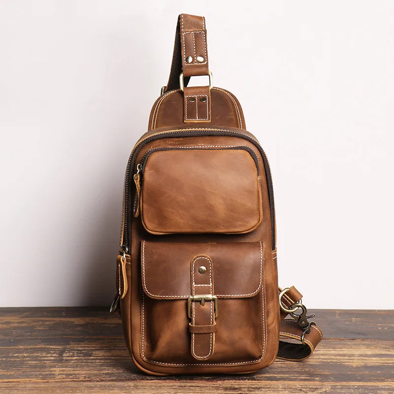 Retro Men S Crazy Horse Leather Chest Bag Outdoor Sports Large-Capacity Crossbody Multi-Functional