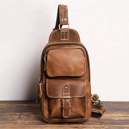 Retro Men S Crazy Horse Leather Chest Bag Outdoor Sports Large-Capacity Crossbody Multi-Functional
