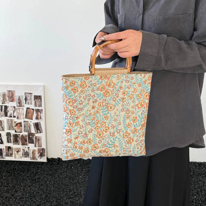 Vintage Artistic Embroidery Floral Pattern Shoulder Bag Bamboo Handle Women Tote Soft Fabric Handbag