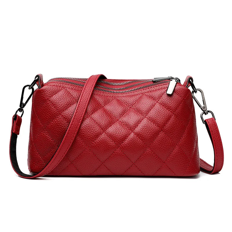 Leather Rhomb Shoulder Bag Women Simple Casual Soft Zipper Large Capacity Cowhide Crossbody - Soft