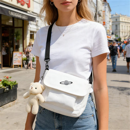 Canvas Crossbody Bag with Embroidery & Pendant - Minimalist Shoulder Handbag