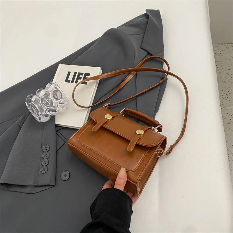 Vintage Crossbody Bag – Faux Leather Shoulder Bag with Plush Charm & Gold Button Detail