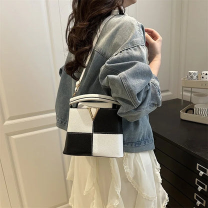 Colorblock Bucket Bag – Mini Crossbody Handbag with Gold V Accent
