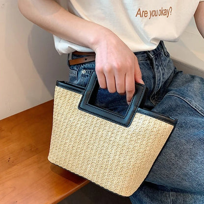 Straw Woven Mini Tote Bag – Square Handle Women's Holiday Handbag