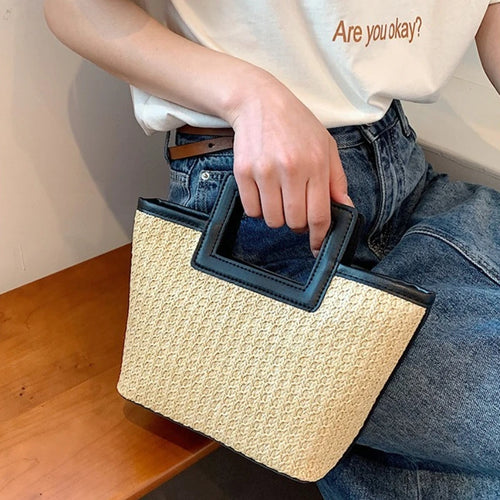 Straw Woven Mini Tote Bag – Square Handle Women's Holiday Handbag
