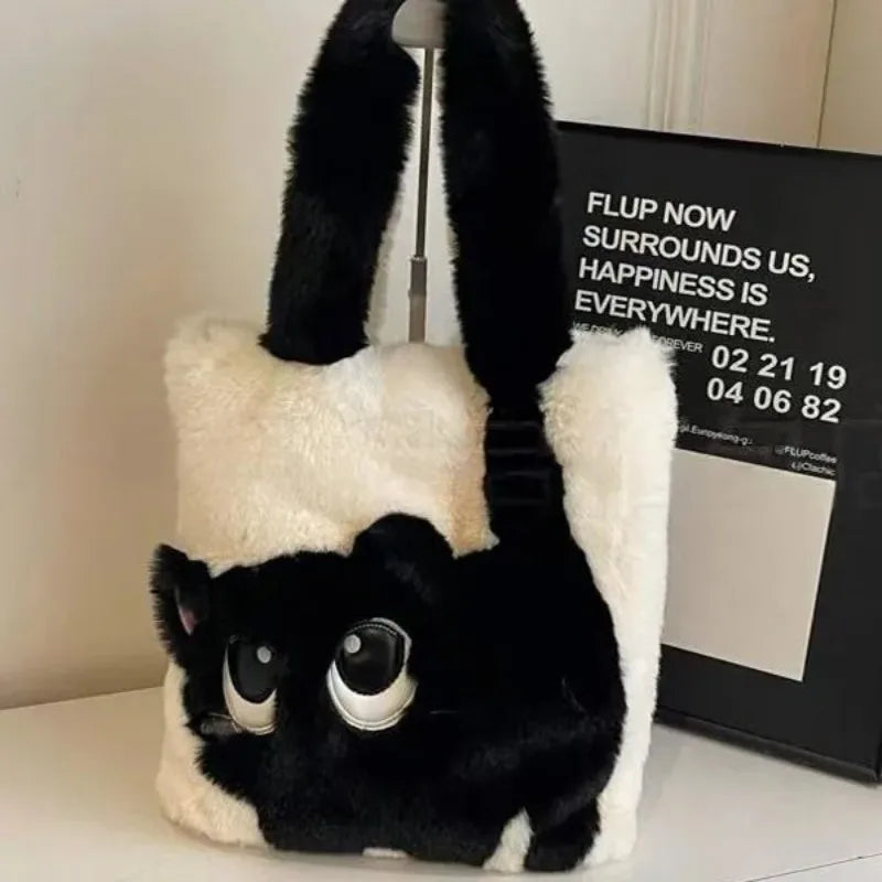 Plush Cat Tote Bag – Kawaii Faux Fur Handbag for Women