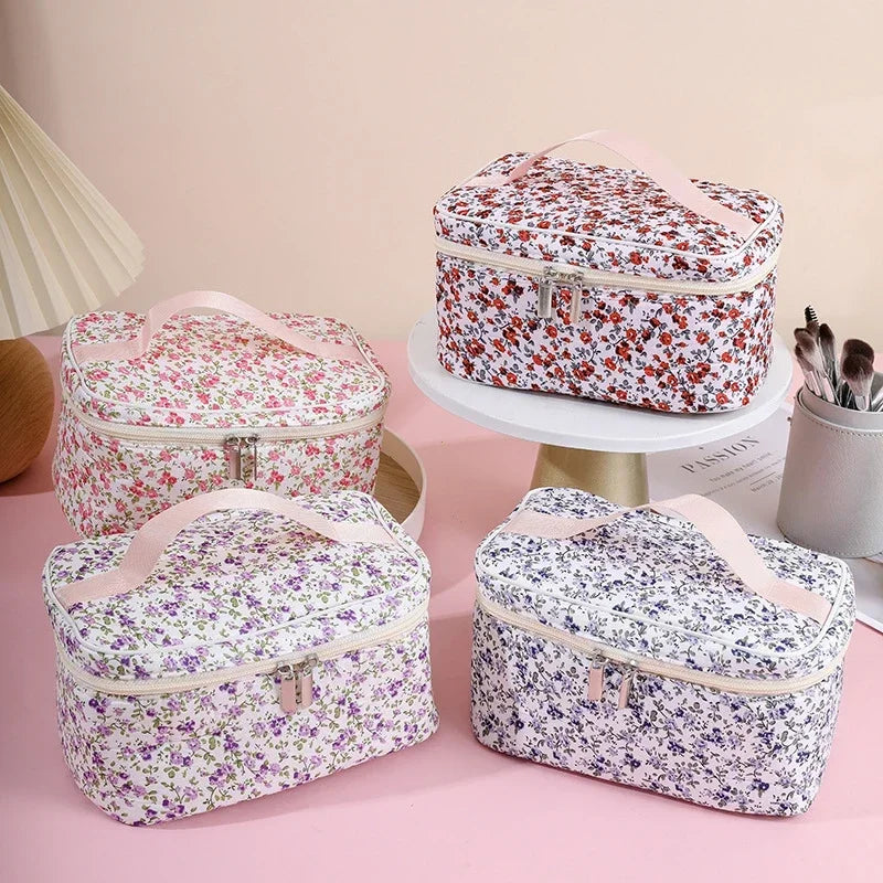 Women Cotton Makeup Bags Vintage Cosmetic Case Flower Large Capacity Tote Portable Storage Handbag