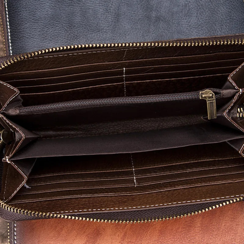 Vintage Men S Wallet Long Zipper Genuine Leather Hand-Held Multi-Functional Cowhide