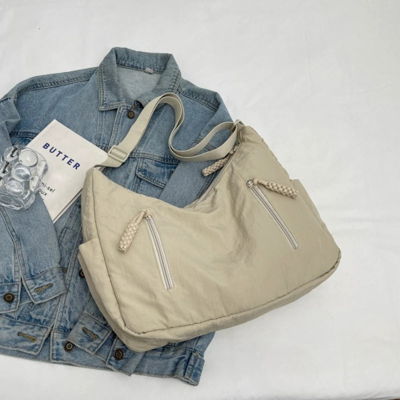 Large Capacity Crossbody Bag with Braided Zipper & Wide Strap