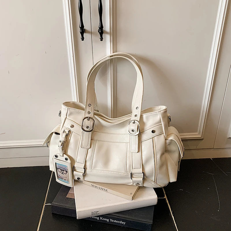 Commute Y2k Women Tote Bag Soft Pu Leather Metal Shoulder Large Capacity Multi Pocket Handbag