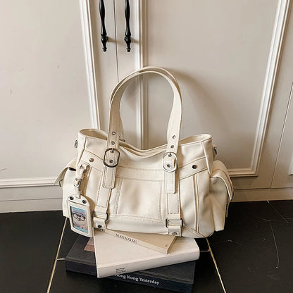 Commute Y2k Women Tote Bag Soft Pu Leather Metal Shoulder Large Capacity Multi Pocket Handbag