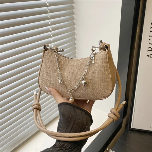 Glitter Half Moon Shoulder Bag with Pearl Chain Strap