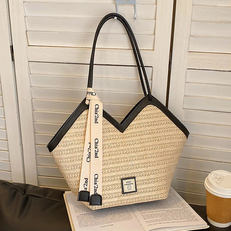 Stylish Straw Leather Tote Bag Ribbon Detail Spacious Perfect Handbag Shoulder Bags Summer Beach