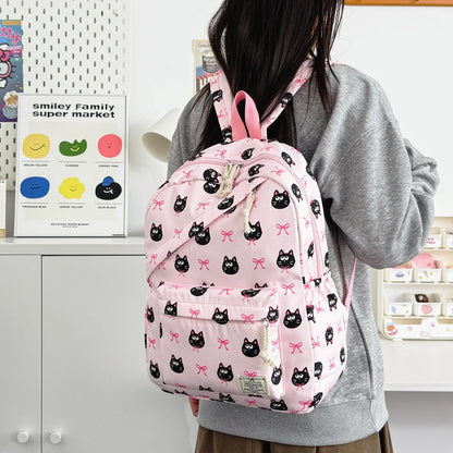 Fresh Age Reducing Cartoon Animal Bow Print Student Backpack Nylon Lightweight Large Capacity Casual