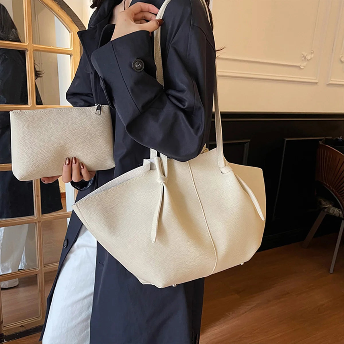 Retro Minimalist Women Shoulder Bag Pouch Soft Pu Leather Tote Large Capacity Handbag Daily Commute