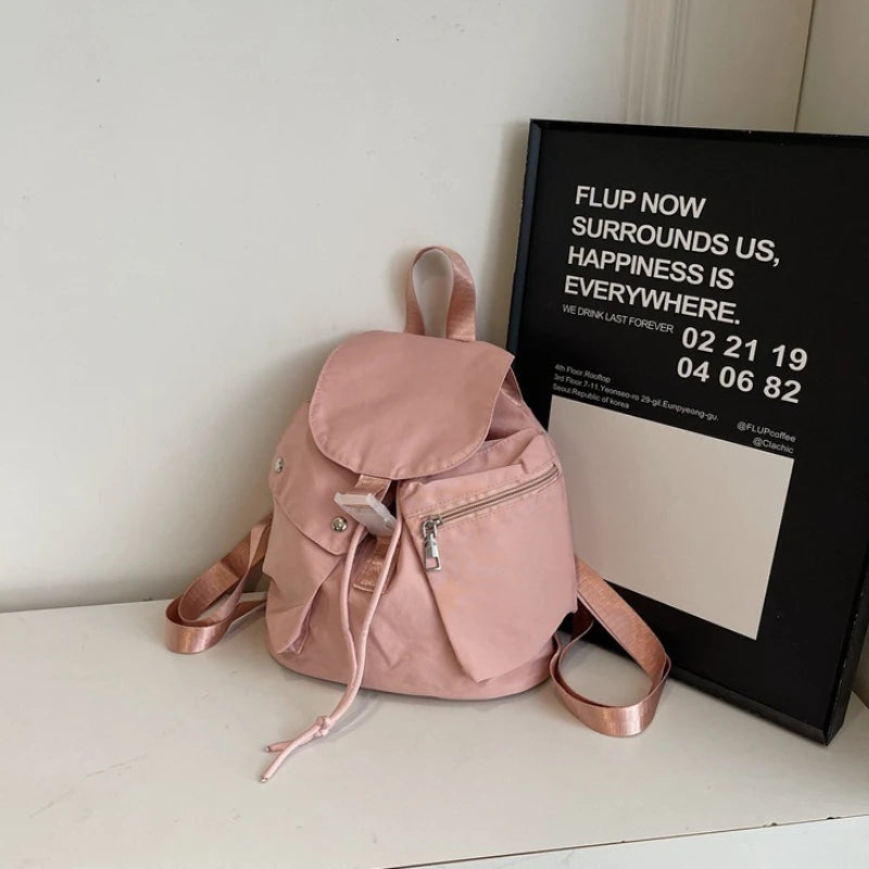 Mini Drawstring Flap Backpack Water-Resistant for Women
