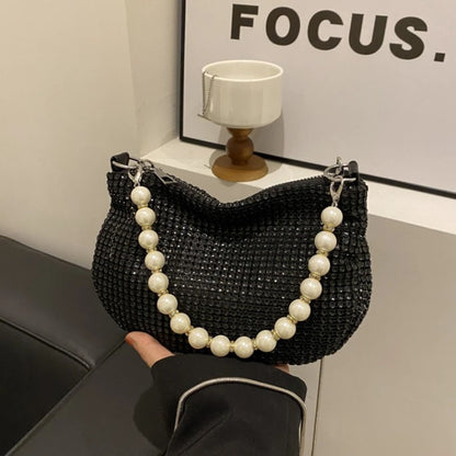 Glitter Silver Clutch Pearl Women Handbag Detachable Chain Crossbody Bags Wedding Prom Party Formal