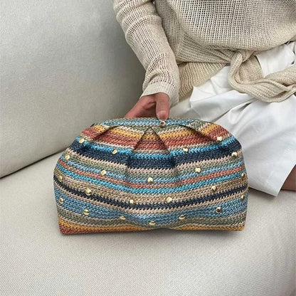 Rainbow Stripe Straw Woven Evening Clutch Women Fresh Bohemian Versatile Purse Party Beach