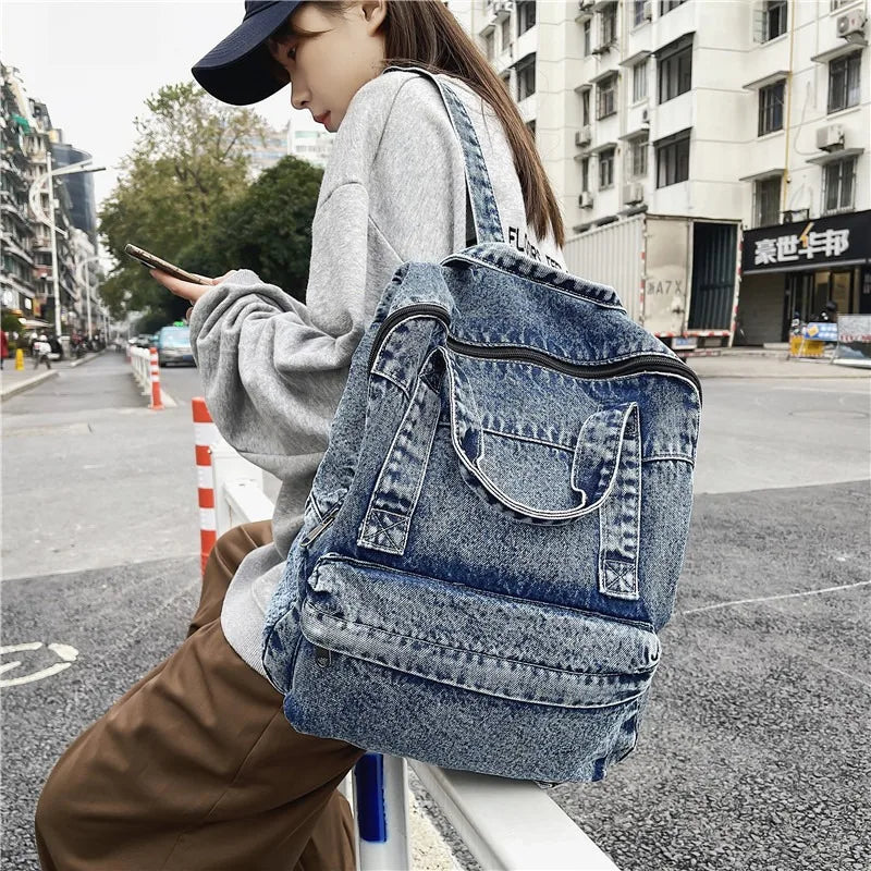Retro Travel School Bag Students Daily Commute Vintage Washed Denim Backpack